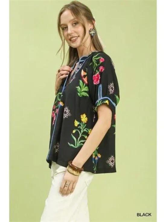 Umgee Botanical Print Contrast Trim Button Blouse - Picture 2 of 5